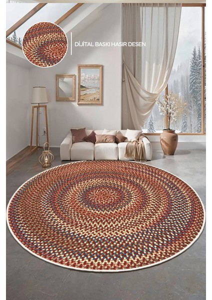 Dekoratif Yıkanabilir, Yuvarlak Kaymaz Tabanlı, Yuvarlak Salon Oturma Odası Halısı - WOOPAMUK504