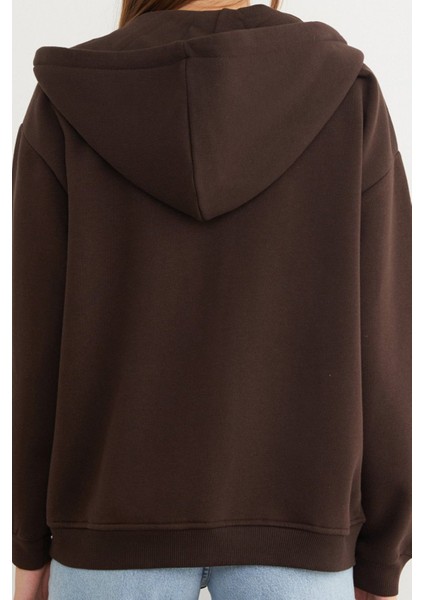 Kadın Kahverengi Fermuarlı Şardonlu Kapüşonlu Oversize Sweatshirt - 9015 modelleri