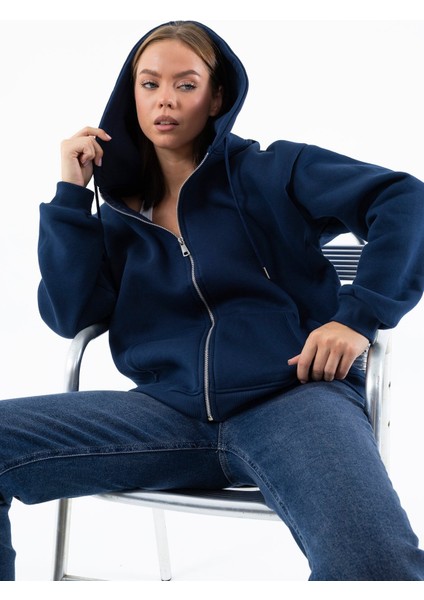 Kadın Indigo Fermuarlı Şardonlu Kapüşonlu Oversize Sweatshirt - 9015