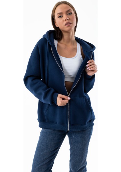 Kadın Indigo Fermuarlı Şardonlu Kapüşonlu Oversize Sweatshirt - 9015 fiyatları