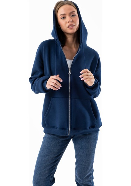 Kadın Indigo Fermuarlı Şardonlu Kapüşonlu Oversize Sweatshirt - 9015 fırsatları