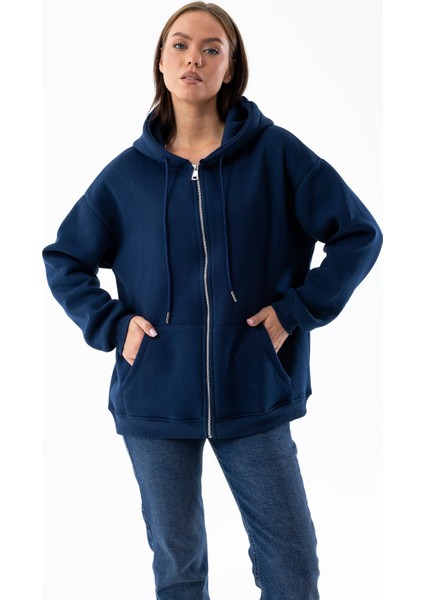Kadın Indigo Fermuarlı Şardonlu Kapüşonlu Oversize Sweatshirt - 9015 indirimleri