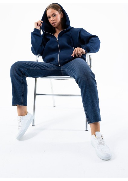 Kadın Indigo Fermuarlı Şardonlu Kapüşonlu Oversize Sweatshirt - 9015