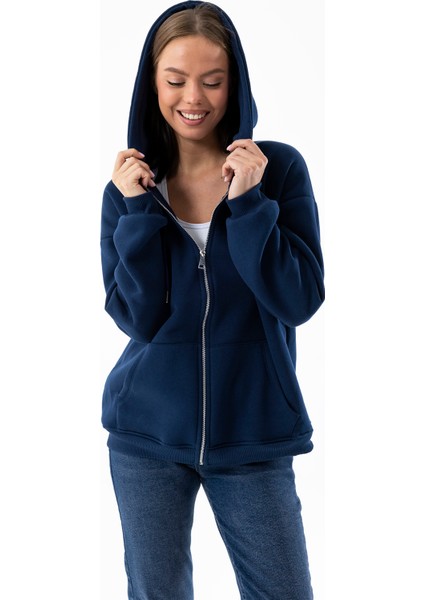 Kadın Indigo Fermuarlı Şardonlu Kapüşonlu Oversize Sweatshirt - 9015