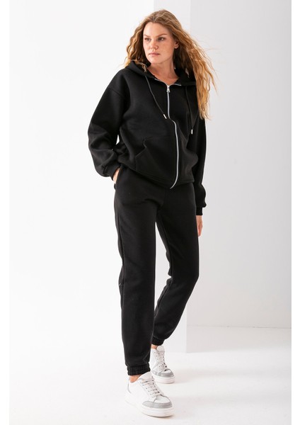 Kadın Fermuarlı Sweatshirt Siyah Şardonlu Oversize Kapüşonlu Hoodie - 9015 modelleri