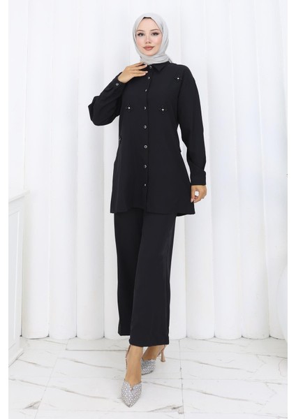 Minimal Taşlı Takım Siyah 19367