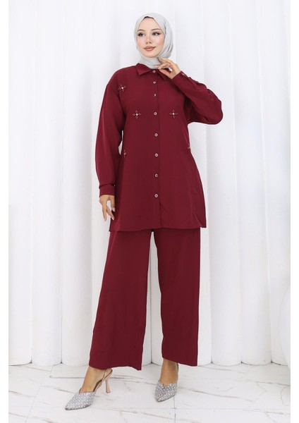 Minimal Taşlı Takım Bordo 19367