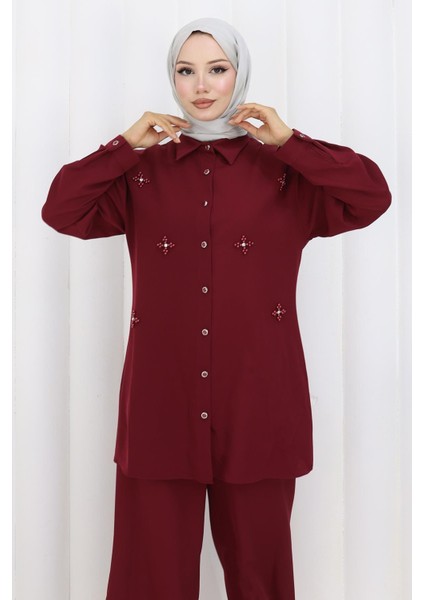 Minimal Taşlı Takım Bordo 19367 fiyatları