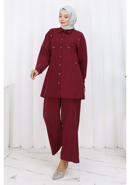 Minimal Taşlı Takım Bordo 19367 modelleri