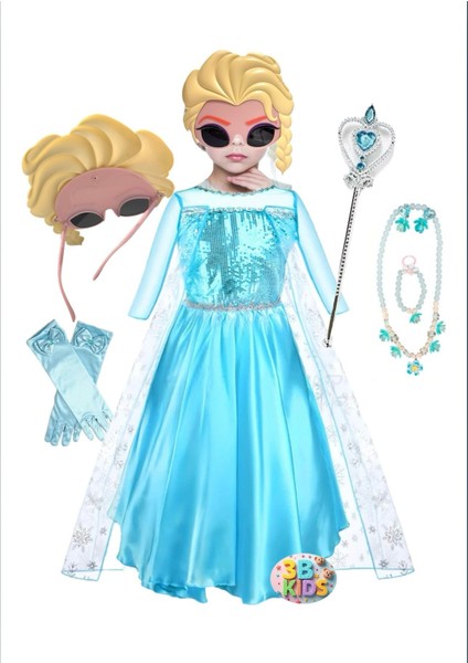 Gözlük Maskeli Elsa Elbise Kostüm Seti (Karlar Ülkesi Kostüm Seti )