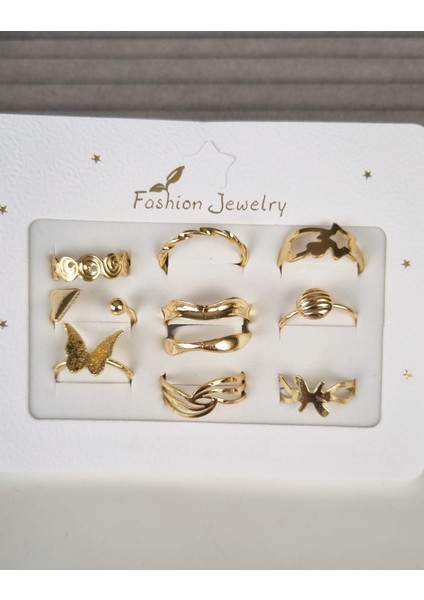 Paslanmaz Çelik 10'lu Gold Yüzük Seti modelleri