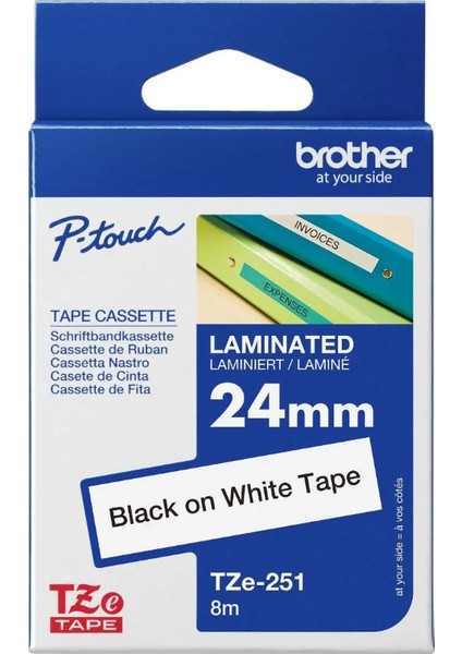 P-Touch TZE-251 Tze-Tape 24 mm Beyaz Üzerine Siyah Laminasyonlu Etiket