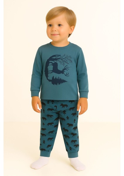 Erkek Çocuk Geyik ve Orman Desenli Pamuklu Pijama Takımı
