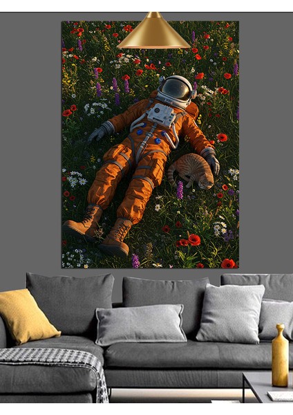 Çimlerde Yatan Astronot Dekoratif Kanvas - Mdf Ahşap Tablo
