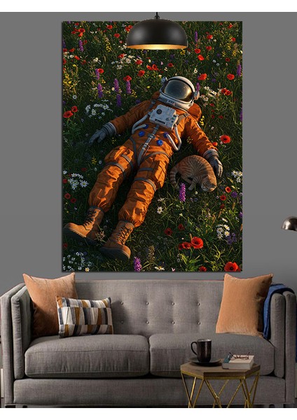 Çimlerde Yatan Astronot Dekoratif Kanvas - Mdf Ahşap Tablo modelleri