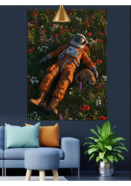 Çimlerde Yatan Astronot Dekoratif Kanvas - Mdf Ahşap Tablo fırsatları