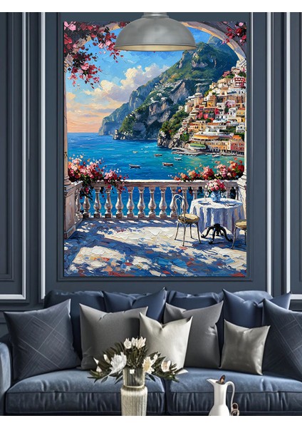 Sahil Kasabası Teras Manzarası Dekoratif Kanvas - Mdf Ahşap Tablo