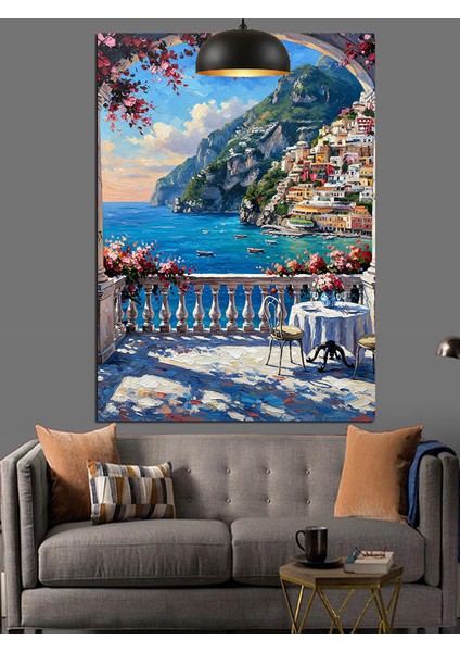 Sahil Kasabası Teras Manzarası Dekoratif Kanvas - Mdf Ahşap Tablo fiyatları