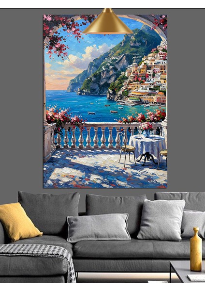 Sahil Kasabası Teras Manzarası Dekoratif Kanvas - Mdf Ahşap Tablo indirimleri