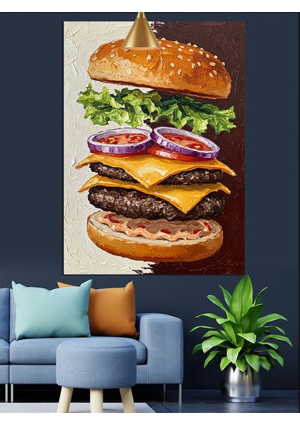 Soğan Halkalı Büyük Hamburger Dekoratif Kanvas - Mdf Ahşap Tablo