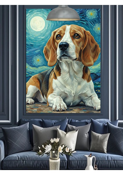 Yıldızlı Gökyüzünde Beagle Köpek Dekoratif Kanvas - Mdf Ahşap Tablo
