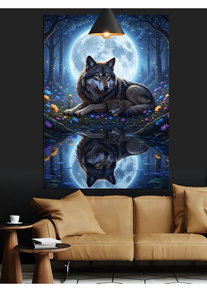 Ay Işığında Kurt Dekoratif Kanvas - Mdf Ahşap Tablo