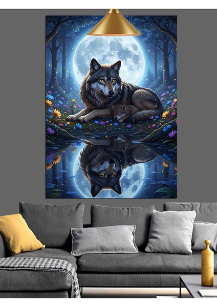 Ay Işığında Kurt Dekoratif Kanvas - Mdf Ahşap Tablo fiyatları