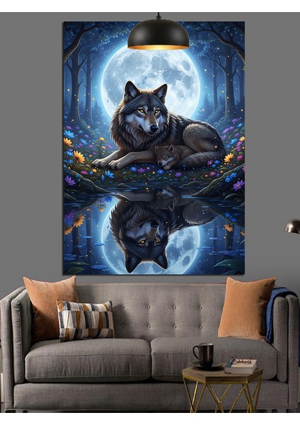 Ay Işığında Kurt Dekoratif Kanvas - Mdf Ahşap Tablo fırsatları