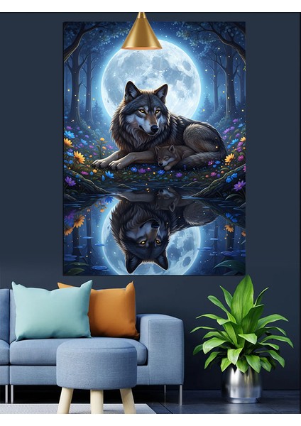 Ay Işığında Kurt Dekoratif Kanvas - Mdf Ahşap Tablo indirimleri