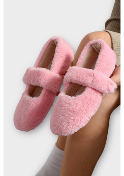 Tüylü Tek Kemer Cırtlı Panduf Kadın Ev Babeti Pembe