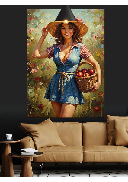 Sepetli Köylü Kadın Çizimi Dekoratif Kanvas - Mdf Ahşap Tablo