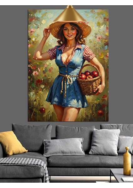 Sepetli Köylü Kadın Çizimi Dekoratif Kanvas - Mdf Ahşap Tablo fiyatları
