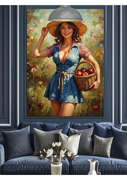 Sepetli Köylü Kadın Çizimi Dekoratif Kanvas - Mdf Ahşap Tablo modelleri
