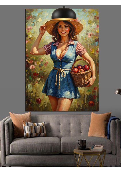 Sepetli Köylü Kadın Çizimi Dekoratif Kanvas - Mdf Ahşap Tablo fırsatları
