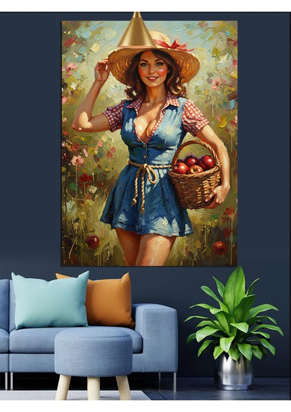 Sepetli Köylü Kadın Çizimi Dekoratif Kanvas - Mdf Ahşap Tablo indirimleri
