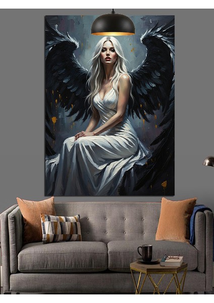 Siyah Kanatlı Kadın Melek Dekoratif Kanvas - Mdf Ahşap Tablo