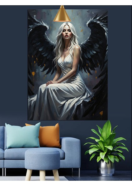 Siyah Kanatlı Kadın Melek Dekoratif Kanvas - Mdf Ahşap Tablo fiyatları