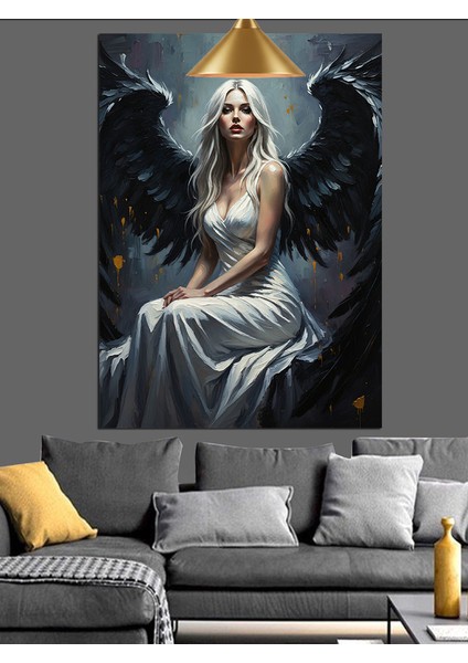 Siyah Kanatlı Kadın Melek Dekoratif Kanvas - Mdf Ahşap Tablo fırsatları
