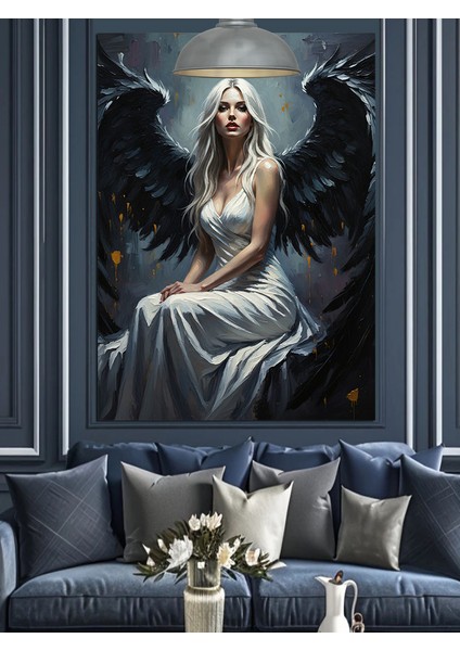 Siyah Kanatlı Kadın Melek Dekoratif Kanvas - Mdf Ahşap Tablo indirimleri