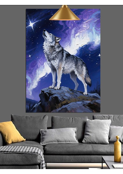 Ay Işığında Kurt Dekoratif Kanvas - Mdf Ahşap Tablo