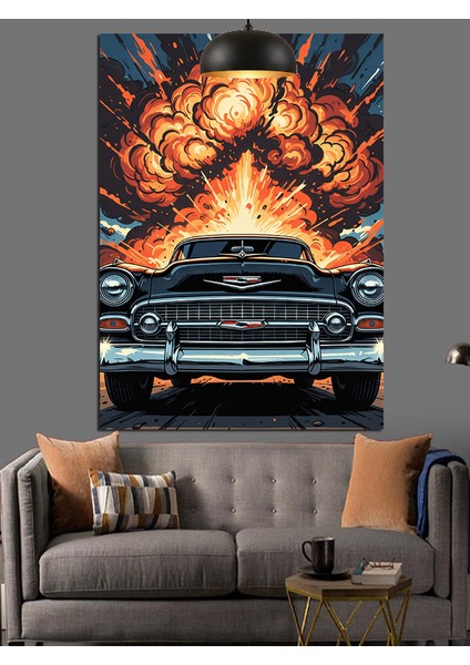 Patlayan Araba Motoru Dekoratif Kanvas - Mdf Ahşap Tablo