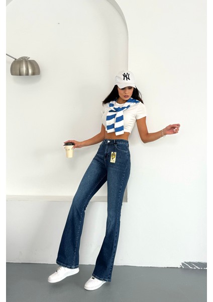 Kadın Yüksek Bel İspanyol Paça Jean Mavi - 2038-622 indirimleri