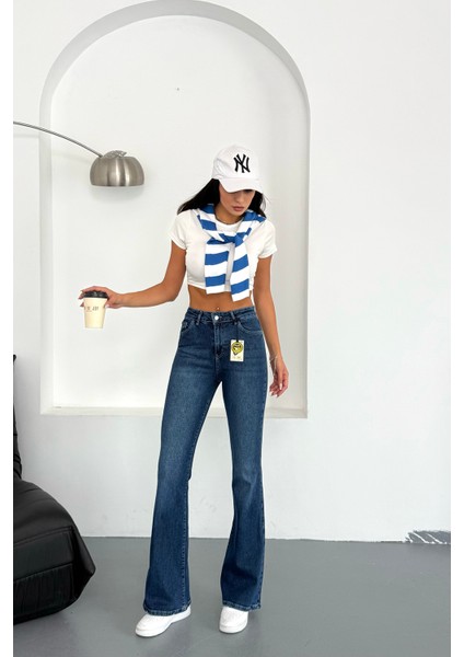 Kadın Yüksek Bel İspanyol Paça Jean Mavi - 2038-622