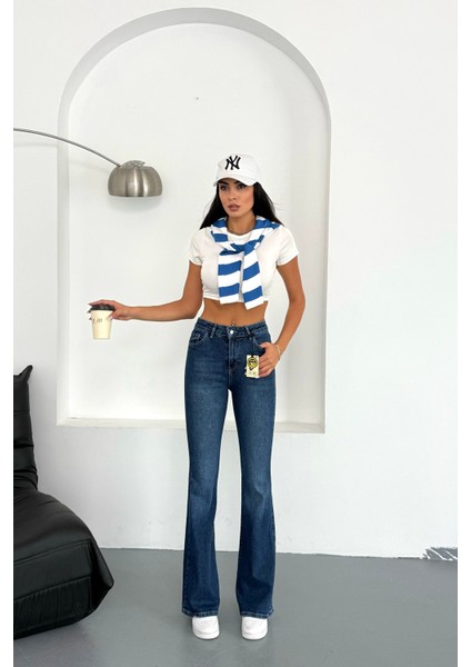 Kadın Yüksek Bel İspanyol Paça Jean Mavi - 2038-622