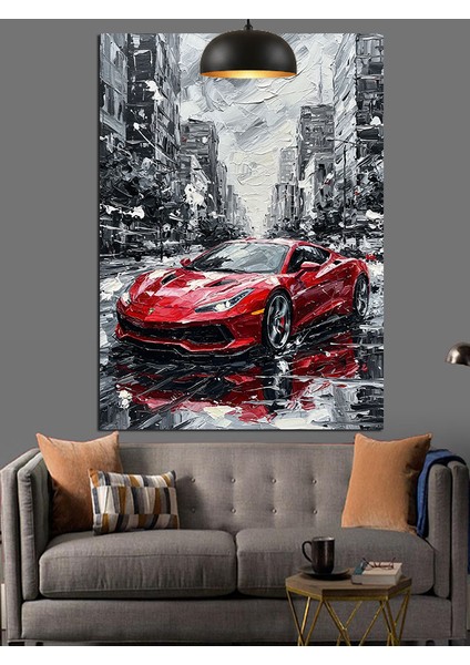 Kırmızı Spor Araba Sokakta Dekoratif Kanvas - Mdf Ahşap Tablo