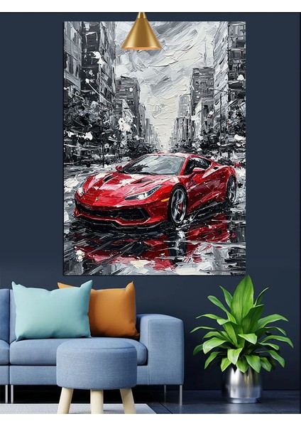 Kırmızı Spor Araba Sokakta Dekoratif Kanvas - Mdf Ahşap Tablo fiyatları