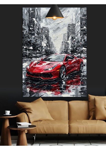 Kırmızı Spor Araba Sokakta Dekoratif Kanvas - Mdf Ahşap Tablo modelleri