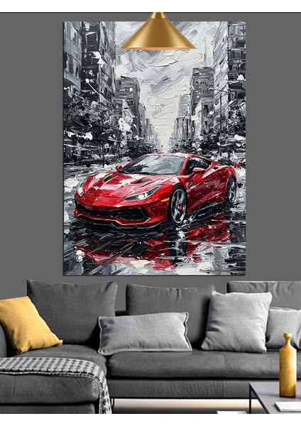 Kırmızı Spor Araba Sokakta Dekoratif Kanvas - Mdf Ahşap Tablo fırsatları