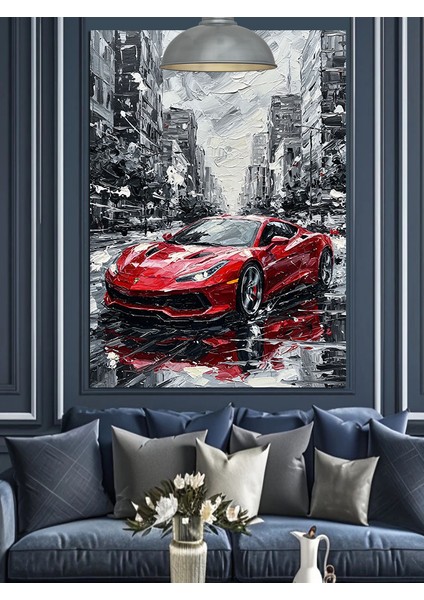 Kırmızı Spor Araba Sokakta Dekoratif Kanvas - Mdf Ahşap Tablo indirimleri