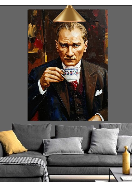 Fincan Tutan Atatürk Dekoratif Kanvas - Mdf Ahşap Tablo